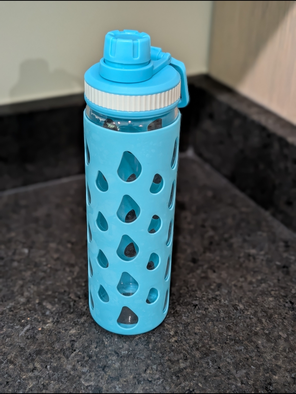 Blue Glass Water Bottle with Silicone Sleeve and Flip Cap